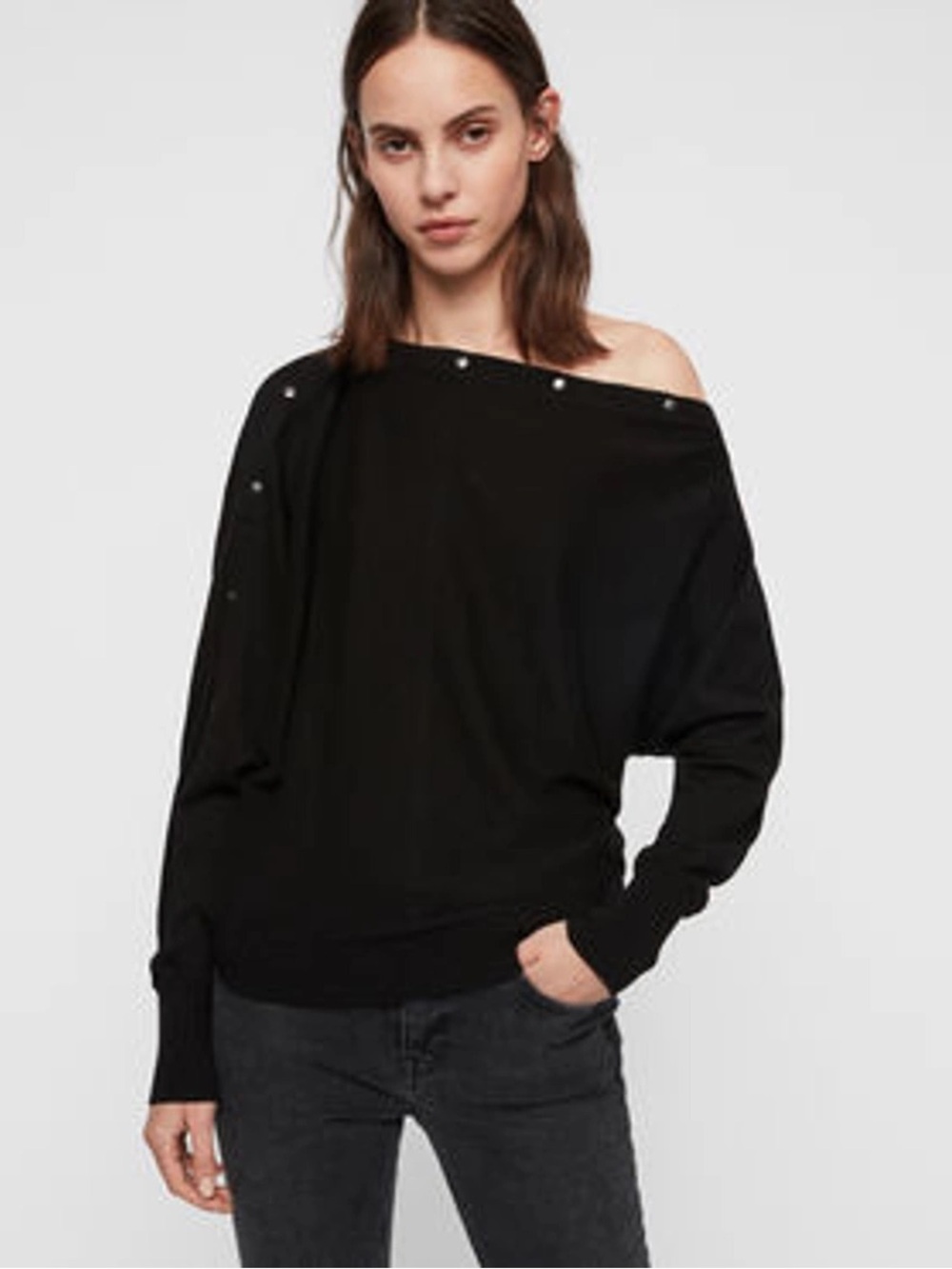 All Saints off the shoulder black sweater